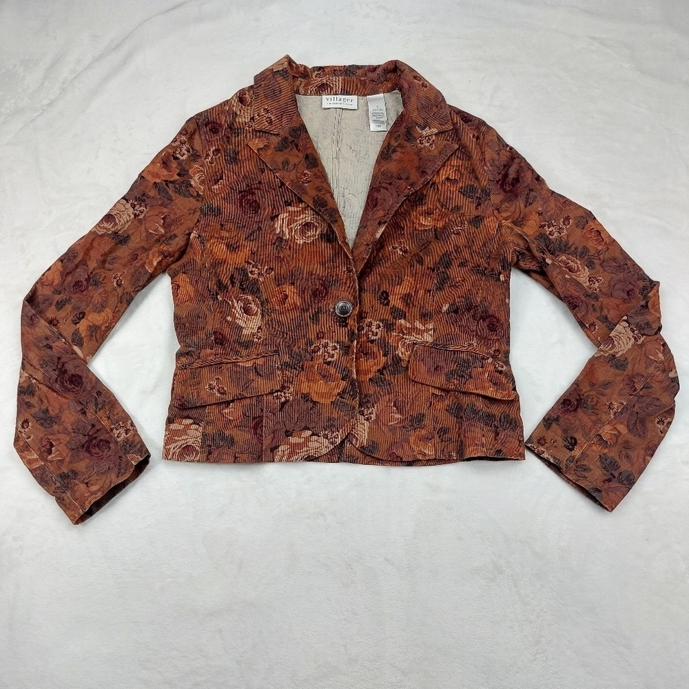 LIZ CLAIBORNE VILLAGER WOMENS BROWN FLORAL PRINT CORDUROY CROP BLAZER SIZE 8